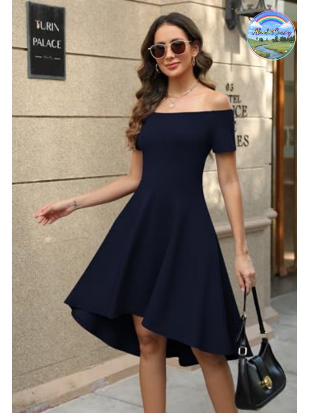 Off Shoulder High Low Skater Dress Short Sleeve Cotton Blend Party Cocktail